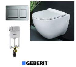 אסלה תלויה עם מושב הידראולי נשלף +לחצן GEBERIT דו כמותי +מיכל הדחה סמוי GEBERIT לקיר בלוק/בטון