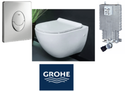 אסלה תלויה עם מושב הידראולי נשלף +לחצן GROHE דו כמותי +מיכל הדחה סמוי GROHE לקיר בלוק/בטון